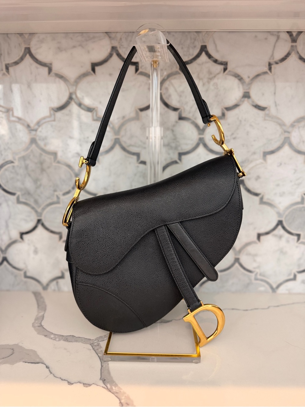 DIOR Black Saddle Shoulder Bag with Gold D Charm